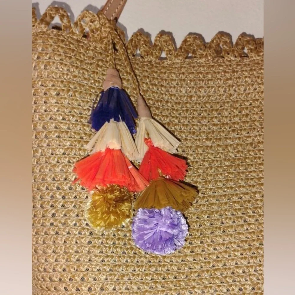 Eric Javits Woven Straw Tote Bag with Colorful Tassel Charm - Natural Brown NWOT